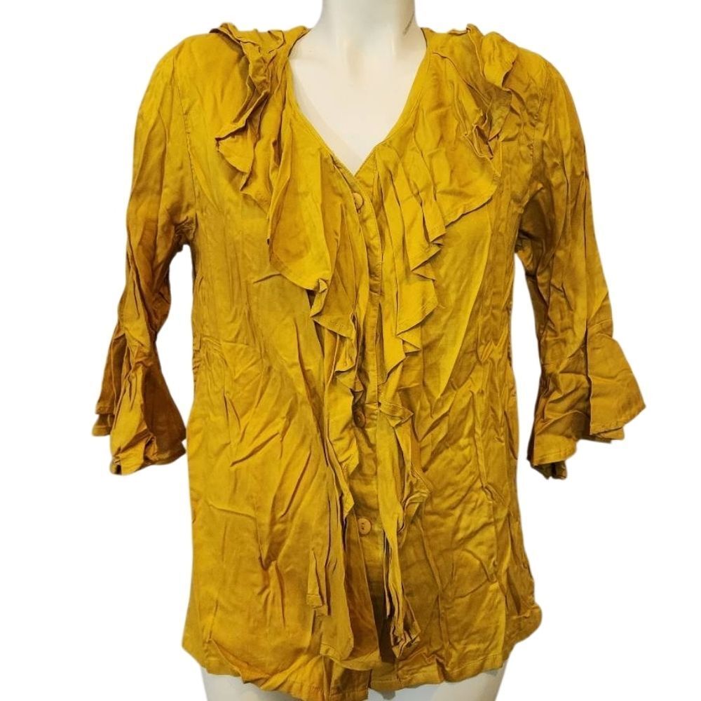 Women's Feruccio Vintage Ruffled‎ Yellow Peasant Blouse Size Small
